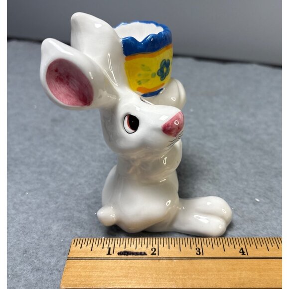 Ceramic Bunny Holding Colorful Egg Planter Figurine  6" tall - Picture 7 of 10